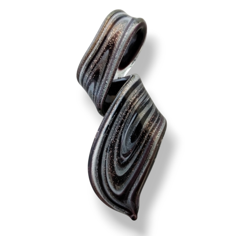 Vintage Black Silver Lampwork Art Glass Spiral Ribbon Pendant 3" Y2K - Picture 2 of 9